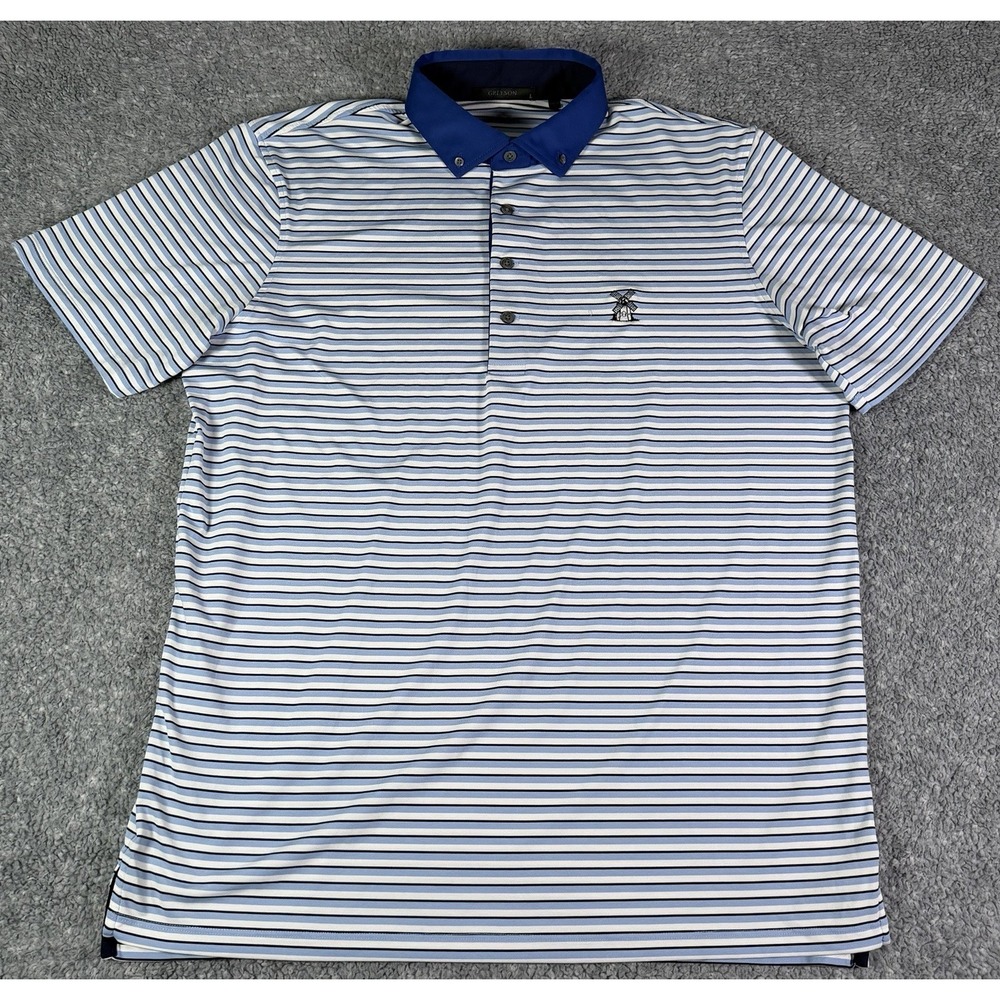 Greyson Striped Performance Polo Shirt Blue White Mens Size L Button Down Collar